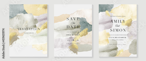 Elegant abstract watercolor wedding invitations vector set. Luxury gold and hand painted watercolor background decoration for save the date, greeting card, poster and cover design template. photo