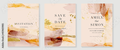Elegant abstract watercolor wedding invitations vector set. Luxury gold and hand painted watercolor background decoration for save the date, greeting card, poster and cover design template.
