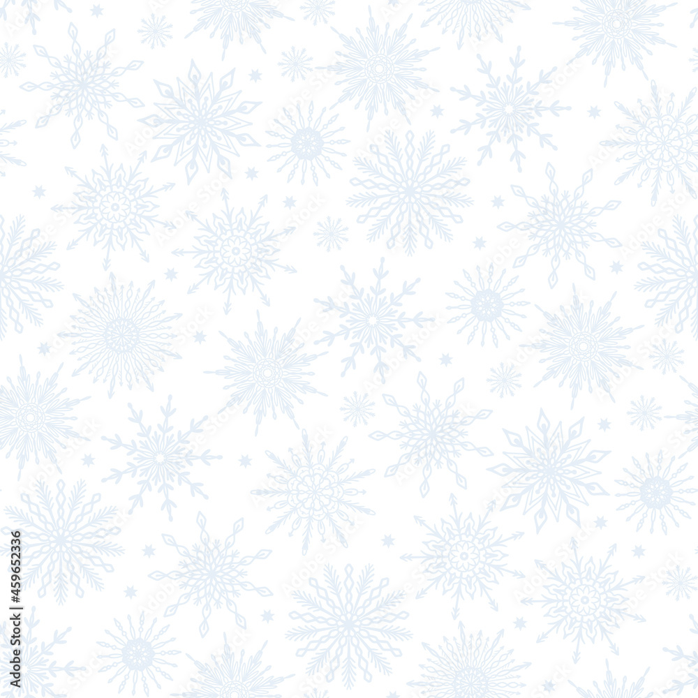 Neutral delicate gentle festive winter season seamless pattern with various pale pastel snowflake icons on white background. Frosty Christmas, New Year design texture Neutral delicate gentle festive winter season seamless pattern with various pale pastel snowflake icons on white background. Frosty Christmas, New Year design texture