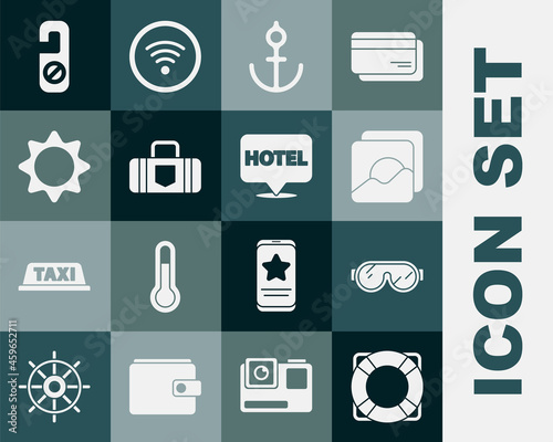 Set Lifebuoy, Ski goggles, Photo, Anchor, Suitcase, Sun, Please do not disturb and Location hotel icon. Vector