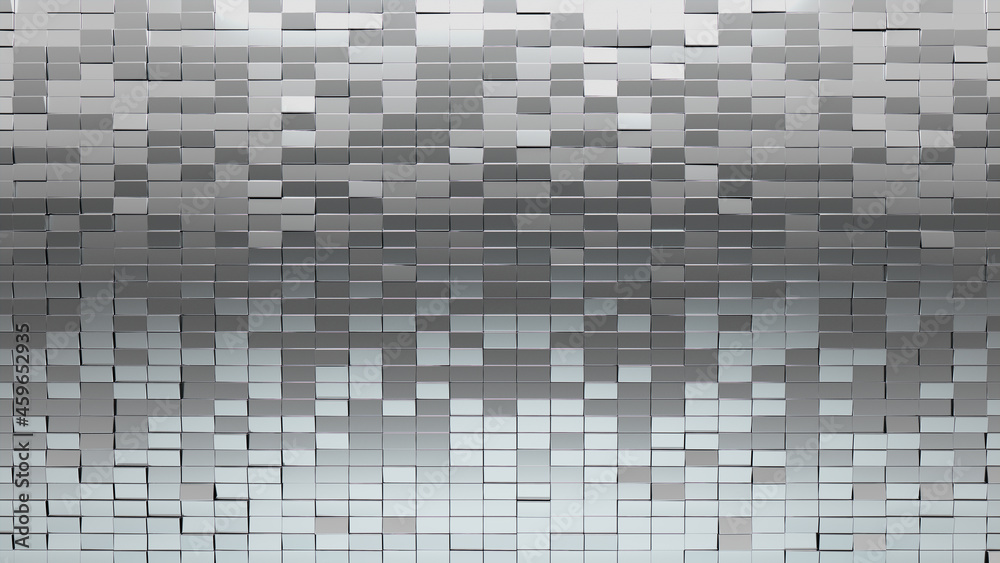 3D, Glossy Mosaic Tiles arranged in the shape of a wall. Polished, Rectangular, Bullion stacked to create a Silver block background. 3D Render 3D, Glossy Mosaic Tiles arranged in the shape of a wall. Polished, Rectangular, Bullion stacked to create a Silver block background. 3D Render