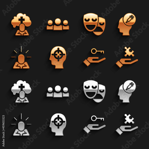 Set Finding a problem, Addiction to the drug, Solution, Depression, Comedy and tragedy masks, Man graves funeral sorrow and Users group icon. Vector