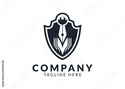 shield and pen logo with book icon. This logo is suitable for educational institutions