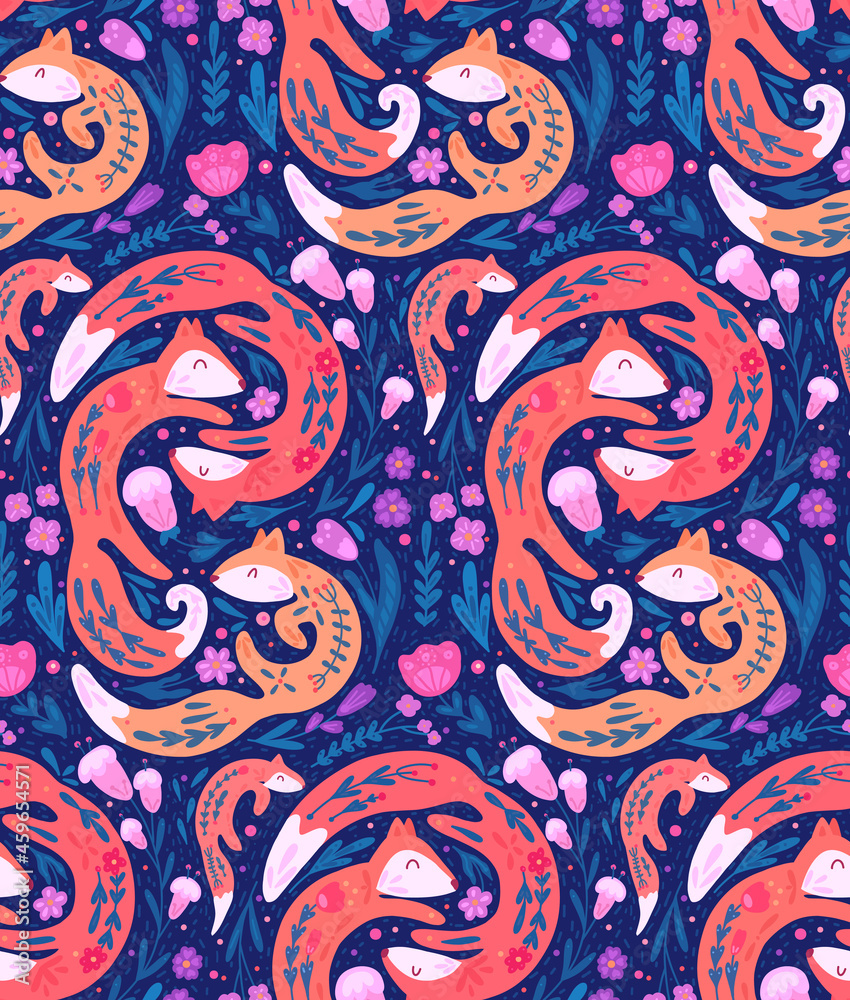 Seamless neon pattern with fox family with folk pattern and floral decoration on violet background. Vector flat hand drawn animal texture with natural ornaments. Seamless neon pattern with fox family with folk pattern and floral decoration on violet background. Vector flat hand drawn animal texture with natural ornaments.