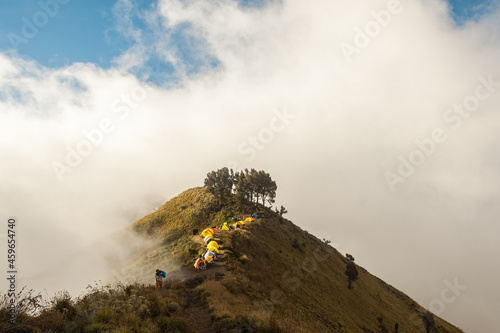 Colorful tents on mountaintop of Mount Rinjani  Lombok  Indonesia