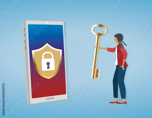Security privacy on mobile phone. Woman with golden key to entrance. Vector illustration. EPS10.
