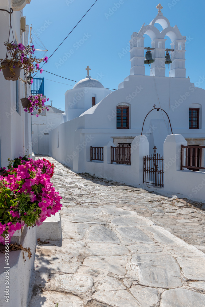 Fototapeta premium Traditional cycladitic alley with a narrow street, a whitewashed church and blooming flowers in Chora Amorgos Greece