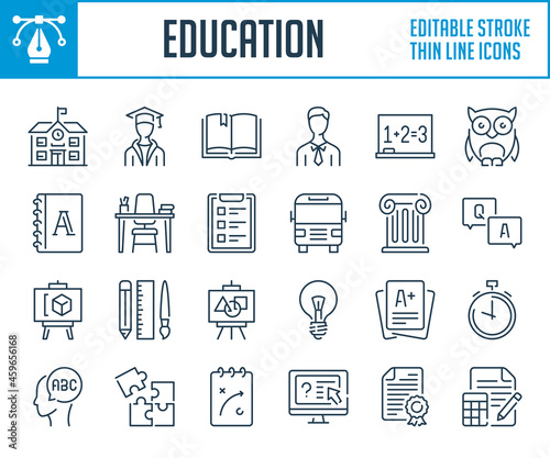 Education and Learning thin line icons. Study and Training outline icon set. Editable stroke icons.