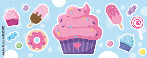 Illustration with goodies. Cupcakes, muffins, ice cream, donut, lollipop, candy
