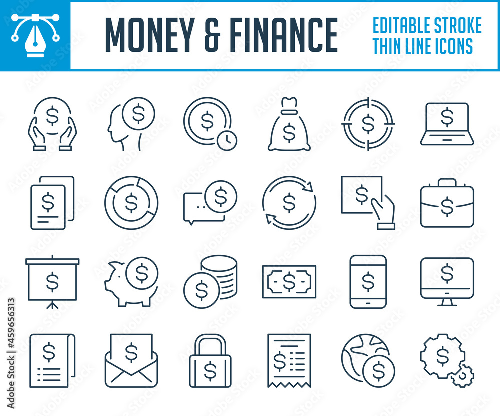 Money and Payment thin line icons. Money transfer, Finance and Business savings outline icon set. Editable stroke icons.