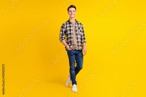 Photo of virile handsome guy palm pocket wear plaid shirt jeans sneakers isolated yellow color background