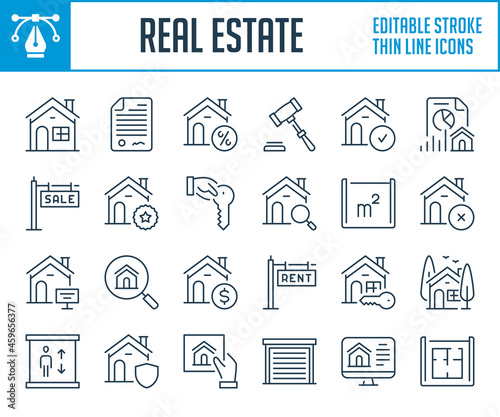 Real Estate and Mortgage thin line icons. Residential apartment and Commercial property outline icon set. Editable stroke icons.