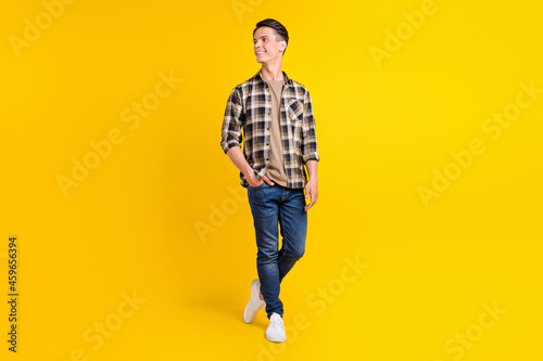 Photo of smart masculine guy look empty space hand pocket wear plaid shirt jeans shoes isolated yellow color background