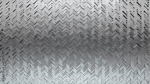 Herringbone, Glossy Mosaic Tiles arranged in the shape of a wall. Polished, 3D, Bullion stacked to create a Silver block background. 3D Render
