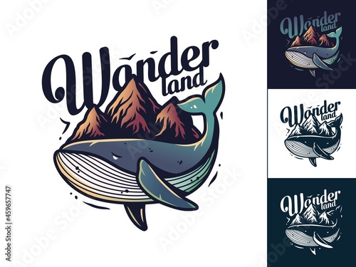 Whale and mountain. Nautical whale for sticker and sea print. Ocean design for wanderlust and adventure, explore