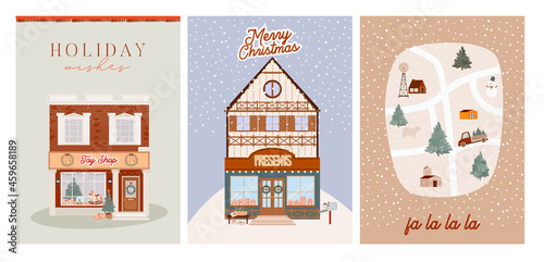 Collection of Christmas greeting cards with cute scandinavian houses with storefront and christmas map with car, houses, animals and tree. Editable vector illustration.