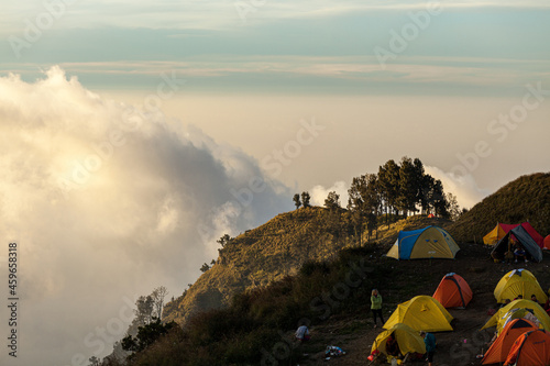 Camping on top of the mountains. Trek to Mount Rinjani, Lombok, Indonesia photo