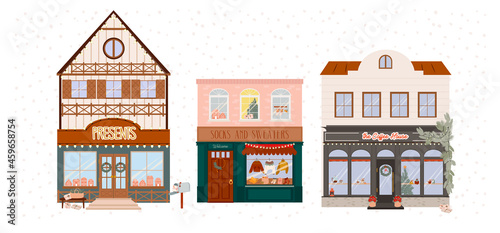 Collection of Christmas houses with store front and holidays decoration. Perfect for greeting cards, prints, posters. Editable Vector illustration.