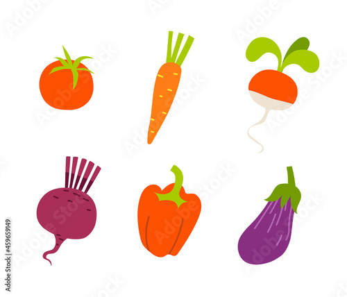 Set of organic vegetables in red and purple colors on a white background. Natural eco-friendly vegetables are full of vitamins in flat design. Vector illustration of healthy food isolated.