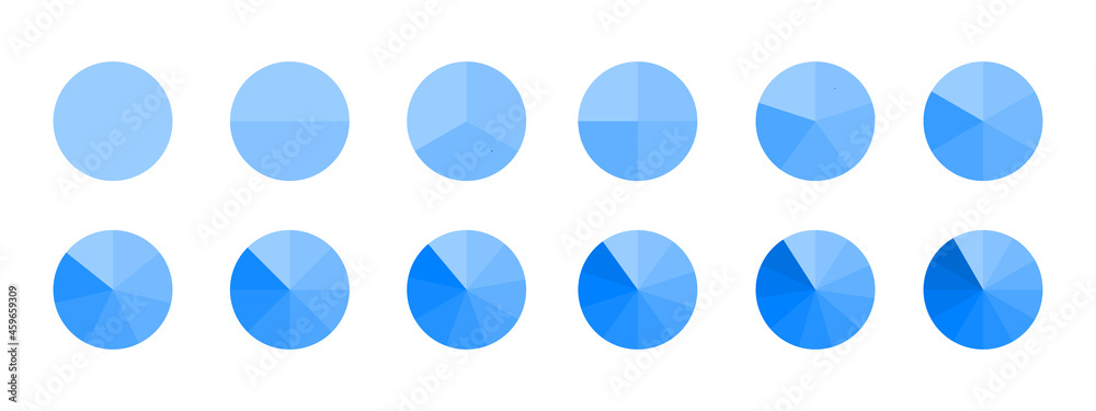 Circles divided in monochrome blue segments from 1 to 12 isolated on white background. Pie chart for statistics infographic examples. Round shapes cut in equal slices. Vector flat illustration. Circles divided in monochrome blue segments from 1 to 12 isolated on white background. Pie chart for statistics infographic examples. Round shapes cut in equal slices. Vector flat illustration.