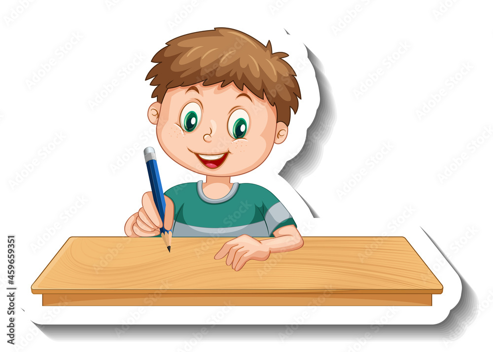 Sticker template with a boy writing on the table isolated