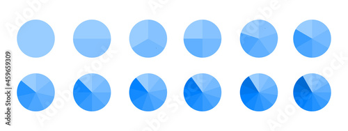 Circles divided in monochrome blue segments from 1 to 12 isolated on white background. Pie chart for statistics infographic examples. Round shapes cut in equal slices. Vector flat illustration.