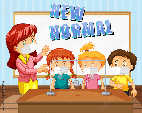 New Normal text design with students and teacher wearing face masks