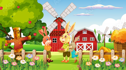 Farm at daytime scene with rabbit family