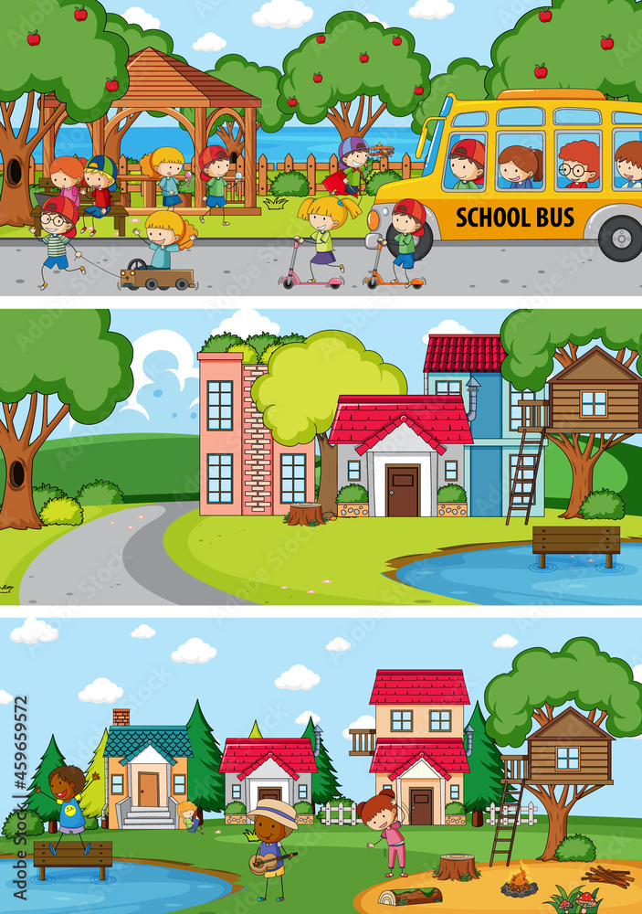 Set of different horizon scenes background with doodle kids cartoon character