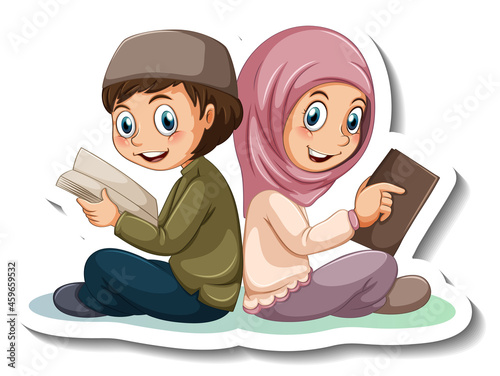 Sticker template with couple of muslim kids cartoon character isolated