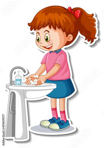 A sticker template with a girl washing hands with soap