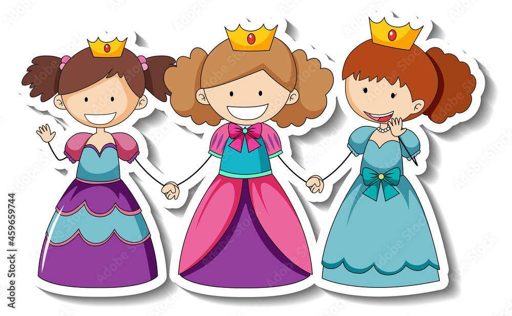 Sticker template with little three princesses cartoon character isolated Sticker template with little three princesses cartoon character isolated