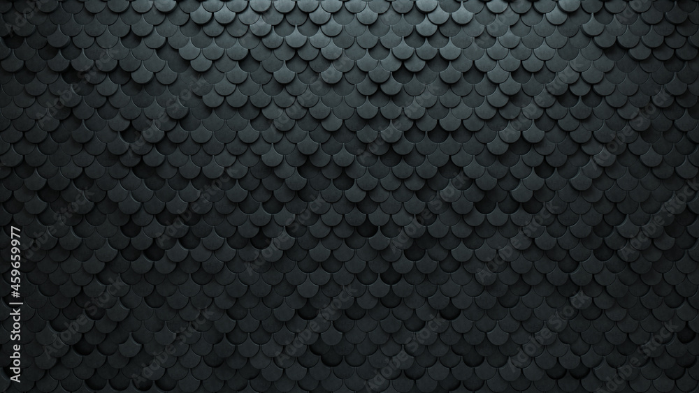 Concrete, Fish Scale Mosaic Tiles arranged in the shape of a wall. Polished, Semigloss, Bricks stacked to create a 3D block background. 3D Render Concrete, Fish Scale Mosaic Tiles arranged in the shape of a wall. Polished, Semigloss, Bricks stacked to create a 3D block background. 3D Render