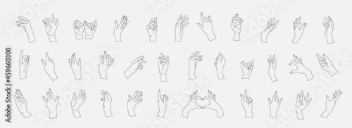 Set of vector female beauty hand. Editable outline stroke size. Line flat contour, thin and linear design. Simple icons. Concept illustration