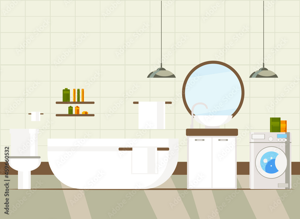 bathroom interior with bath, toilet, washbasin, mirror, shelves, towels. flat vector illustration bathroom interior with bath, toilet, washbasin, mirror, shelves, towels. flat vector illustration