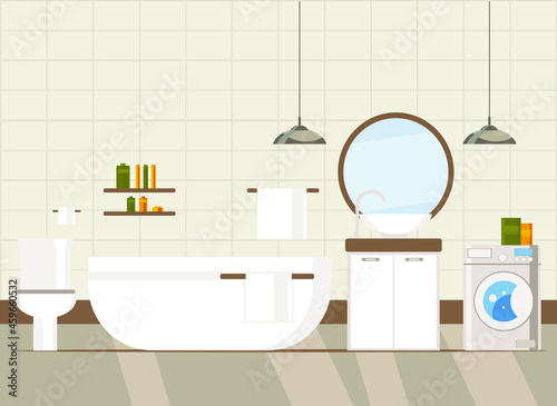 bathroom interior with bath, toilet, washbasin, mirror, shelves, towels. flat vector illustration