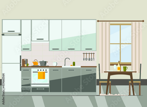 kitchen interior with furniture and equipment , flat vector illustration