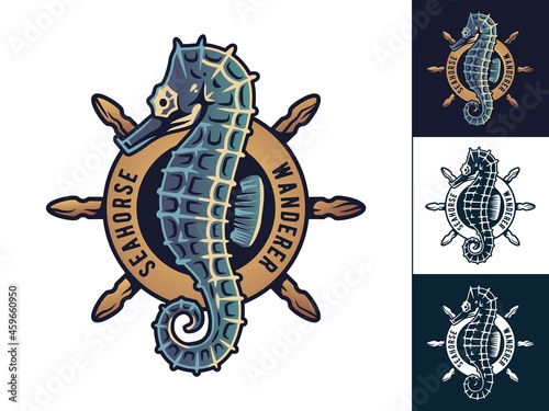 Seahorse and old helm for voyage. Nautical vintage wheel and sea horse for sticker and sea print. Ocean design for wanderlust and adventure, explore