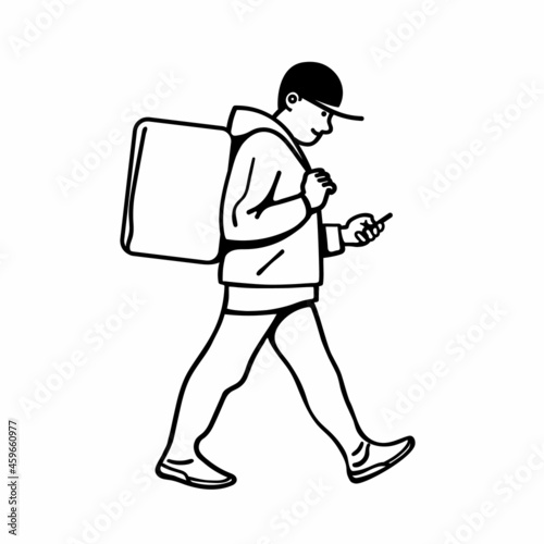 Delivery man walking. Courier on foot with parcel box checking order with smartphone. Vector illustration.