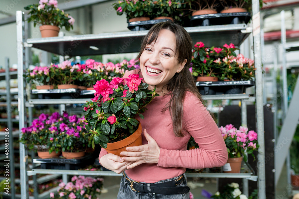 Smiling female person buying house plant for home in Warehouse garden center. Planting season concept. Caucasian beautiful woman choosing pink flowerplant in pot in nursery. Selective focus