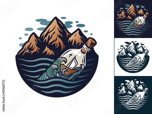 Boat inside the bottle on the ocean waves with mountain. Nautical vessel for sea wanderer. Marine wanderlust travel adventure print