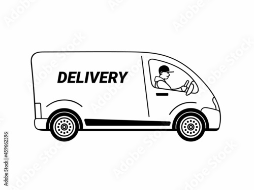 Courier driving delivery truck. Online delivery service. Vector illustratio. Driver in delivery car.