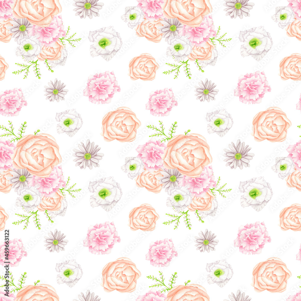 Floral seamless pattern with watercolor flowers. Hand drawn little peach, pink flowers, elegant bouquet in neutral colors isolated on white background. Botanical tile for wedding, wrapping, textile