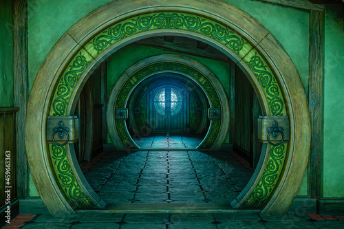 3D rendering of a medieval fantasy house hallway with round arches. photo