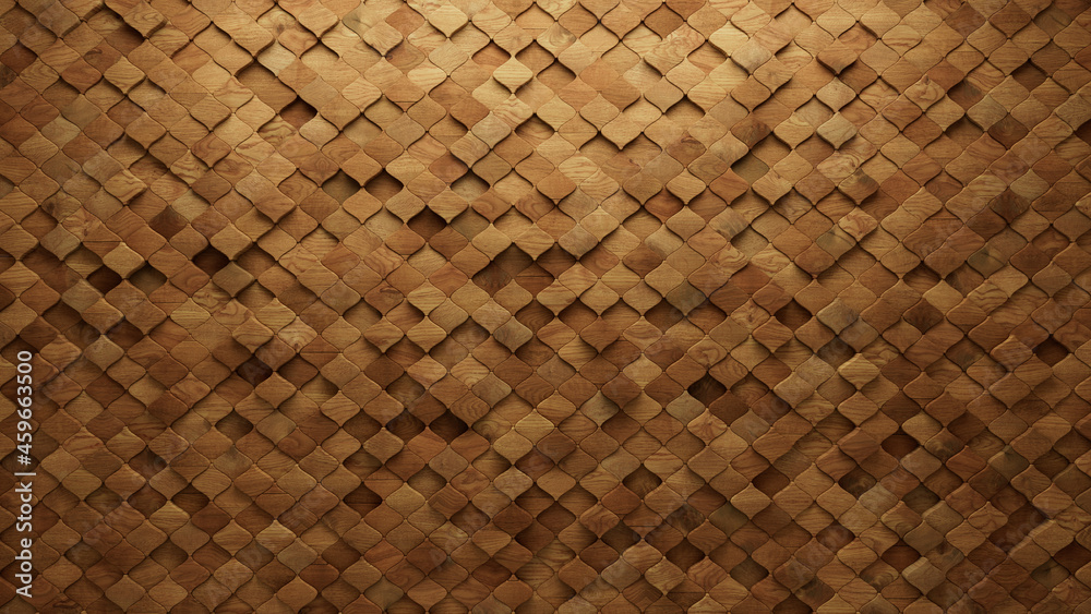 3D, Arabesque Mosaic Tiles arranged in the shape of a wall. Wood, Soft sheen, Blocks stacked to create a Timber block background. 3D Render 3D, Arabesque Mosaic Tiles arranged in the shape of a wall. Wood, Soft sheen, Blocks stacked to create a Timber block background. 3D Render