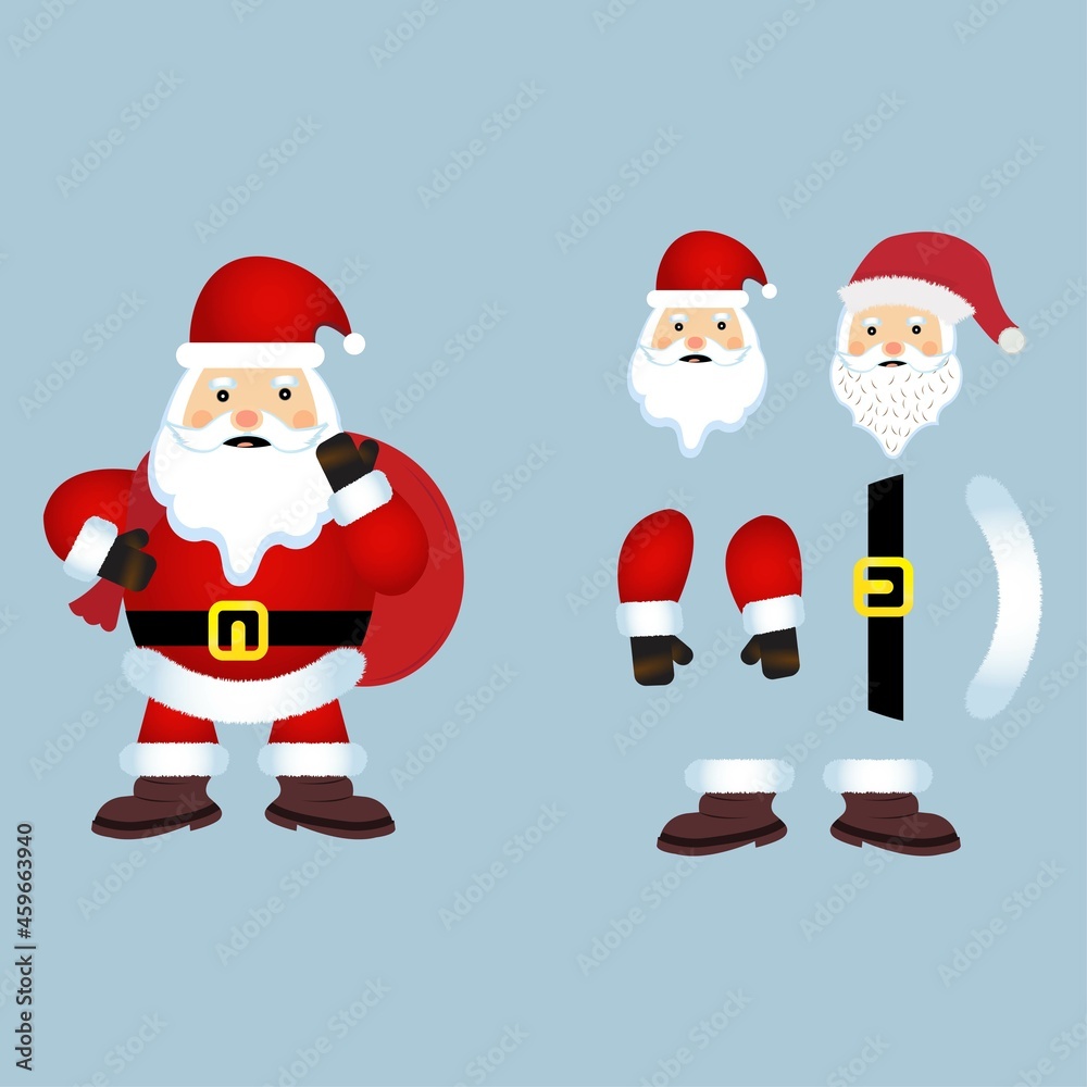 Christmas Santa Claus vector design on a rusty light blue background. Santa Claus design elements with a huge sack of Christmas gifts. Happy Santa Clause flat element design. Christmas Santa Claus vector design on a rusty light blue background. Santa Claus design elements with a huge sack of Christmas gifts. Happy Santa Clause flat element design.