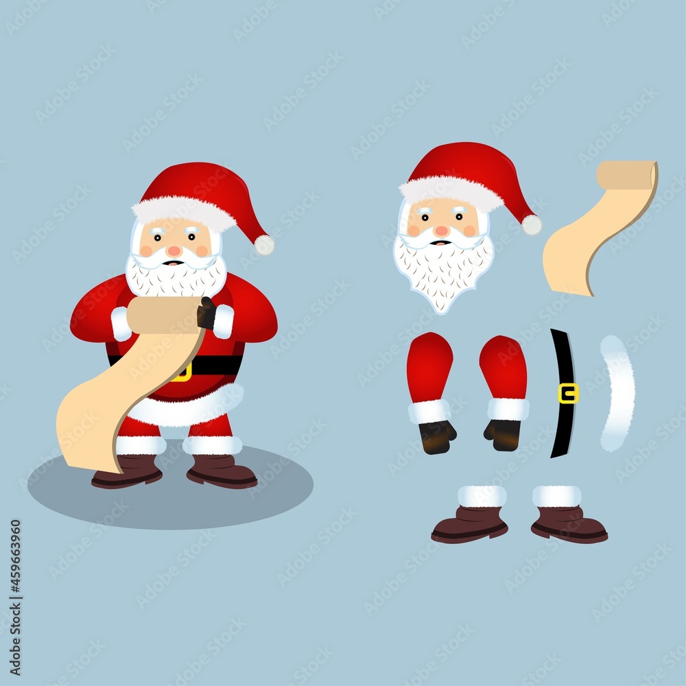 Christmas Santa Claus vector design on a rusty light blue background. Santa Claus design elements with a long list of Christmas gifts. Happy Santa Clause flat element design. Christmas Santa Claus vector design on a rusty light blue background. Santa Claus design elements with a long list of Christmas gifts. Happy Santa Clause flat element design.