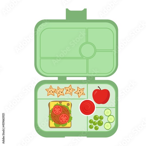 Lunchbox - meal container with sandwich, pear, eggs, ketchup,cookies.School meal, children's lunch. Healthy meals storage.Vector illustration in flat style, isolated on white background