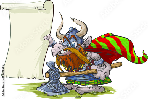 Cartoon of a barbarian warrior holding a scroll. All is in separate layers for easy editing. (ID: 459663979)