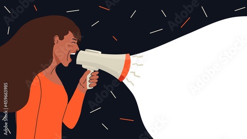 Woman shouts into a megaphone. Business advertisement, information banner, advertising concept for target audience, web page. The girl protests, raises her voice, attracts attention. Place for text.